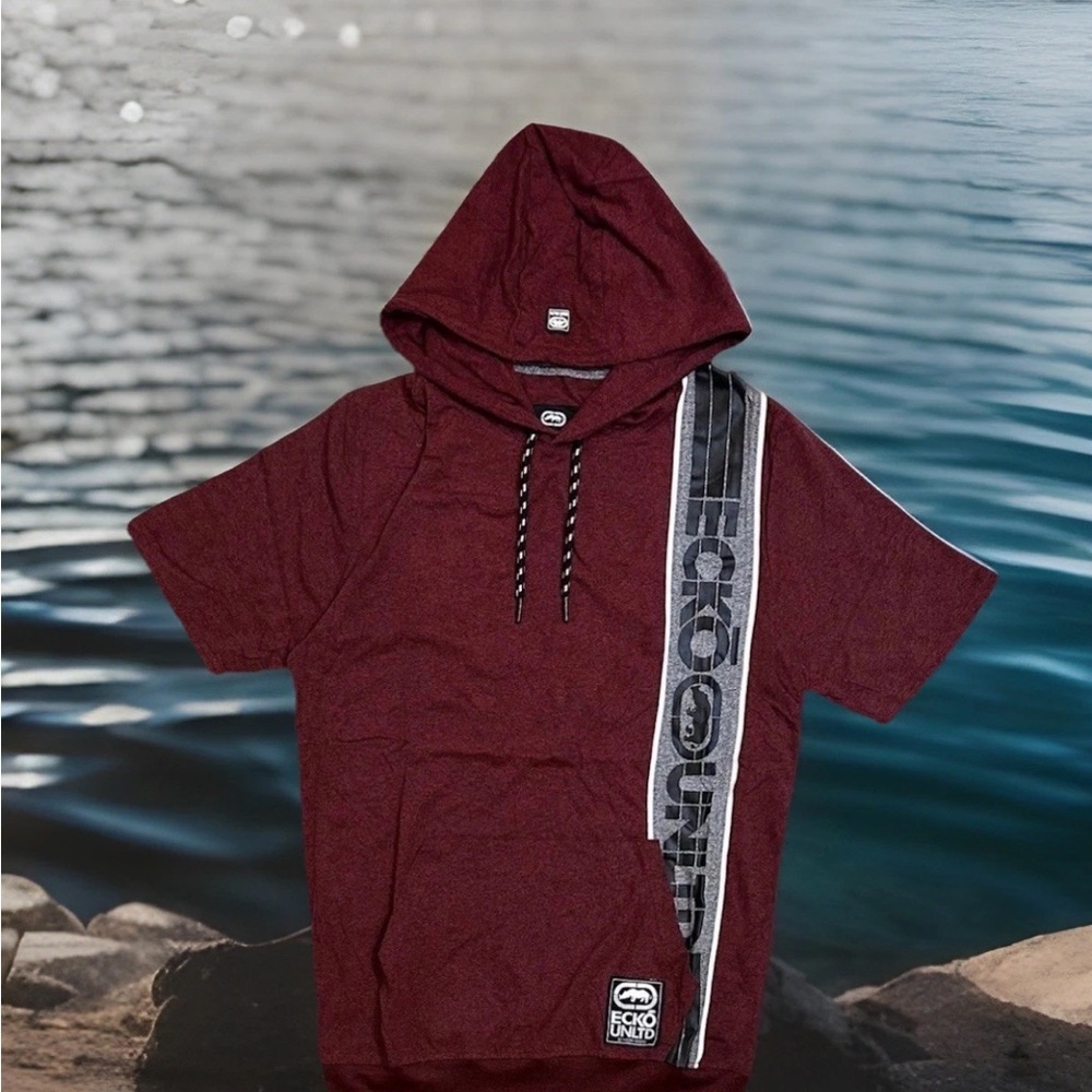 NEW Ecko Unltd Hoodie Shirt Men Dark Red Gray Marled Logo Short Sleeve Pocket
